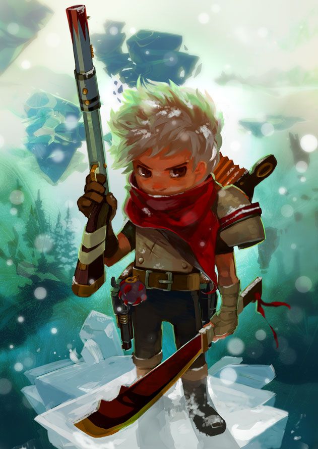 The Kid (the protagonist from 2011 video game Bastion) standing in a wintery setting, armed with the Army Carbine, Machete, Dueling Pistols, Flame Bellows, and a Hand Grenade. Art by Supergiant Games Art Director Jen Zee