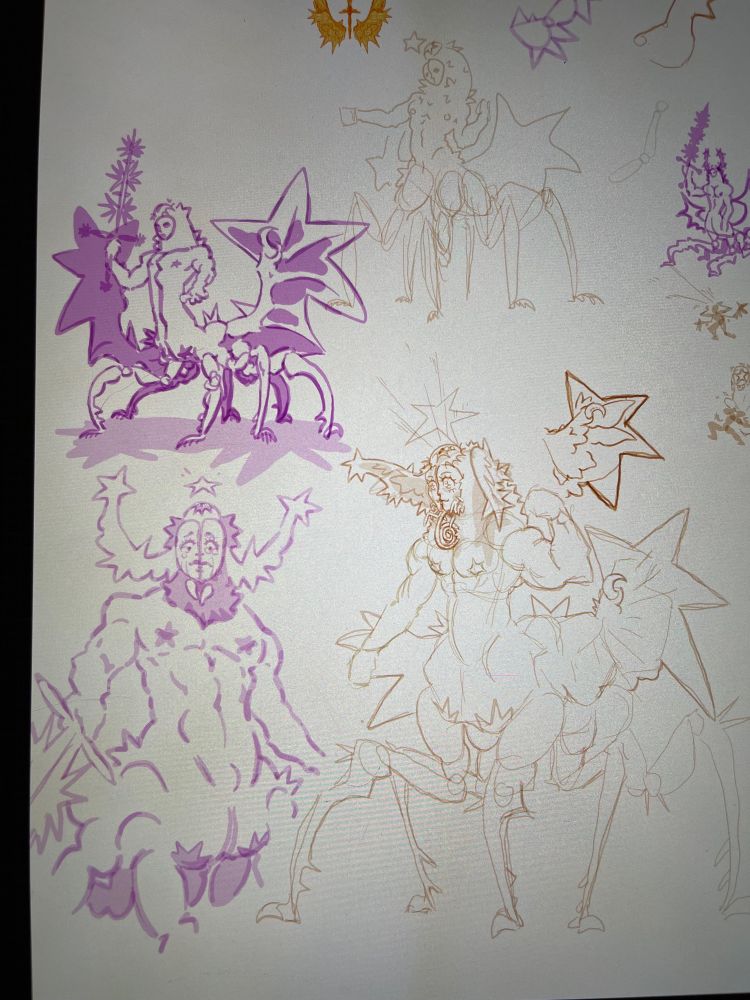 Sketches of an angel. It’s shaped like a centaur with legs like a praying mantis, with wings that look like stars