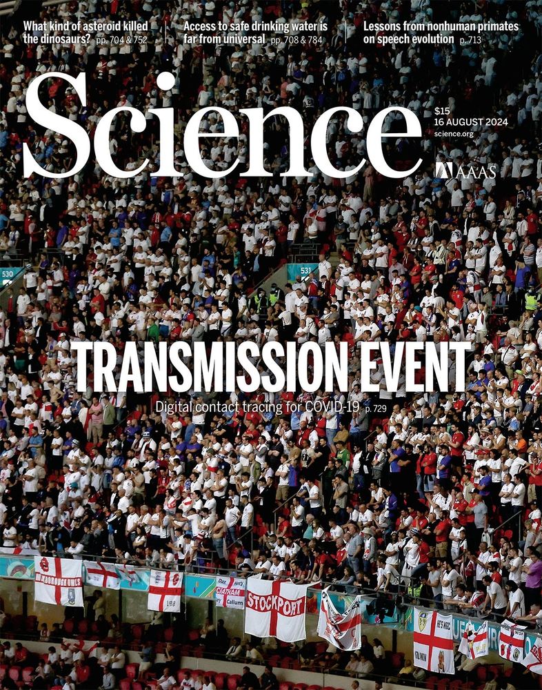 Science magazine cover showing England football fans in Wembley stadium, titled "Transmission Event: Digital contact tracing for COVID-19"