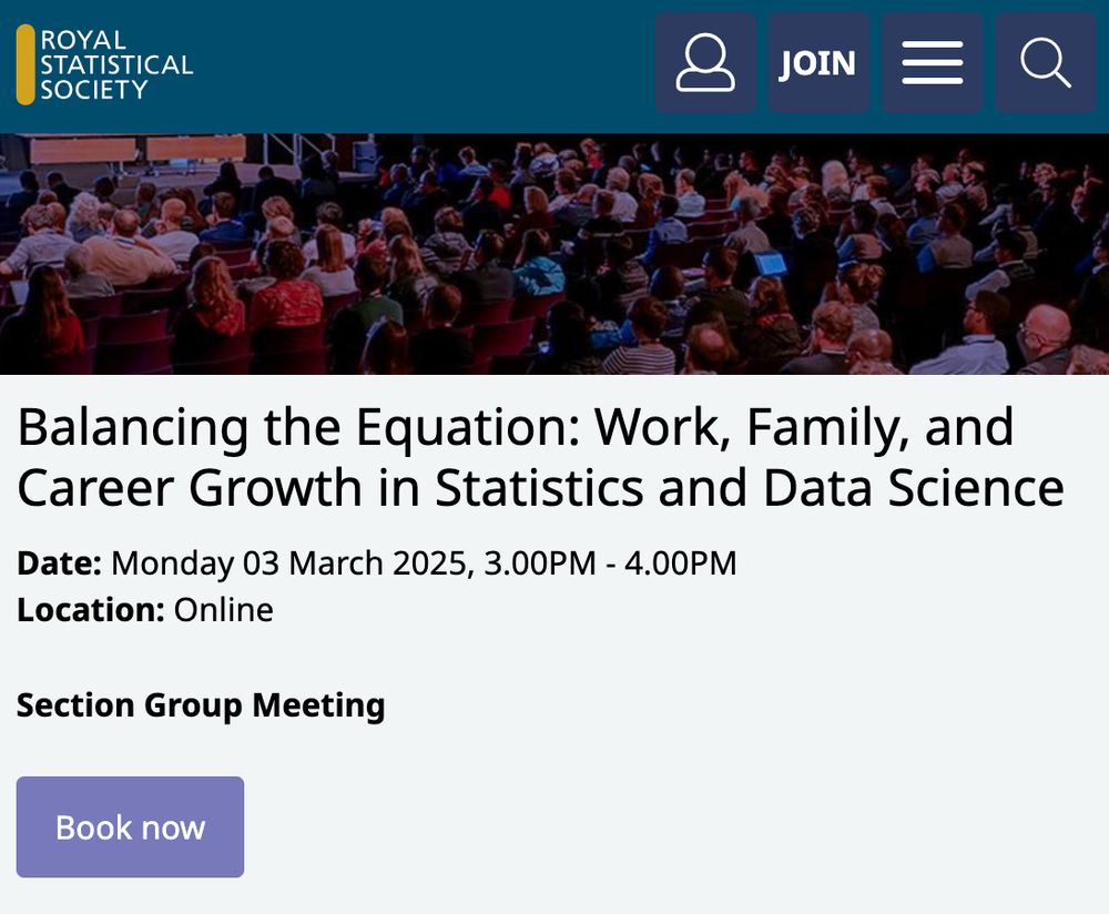 Screenshot of details for a Royal Statistical Society event, titled "Balancing the Equation: Work, Family, and Career Growth in Statistics and Data Science". It is scheduled for Monday 3 March from 3 to 4pm.
