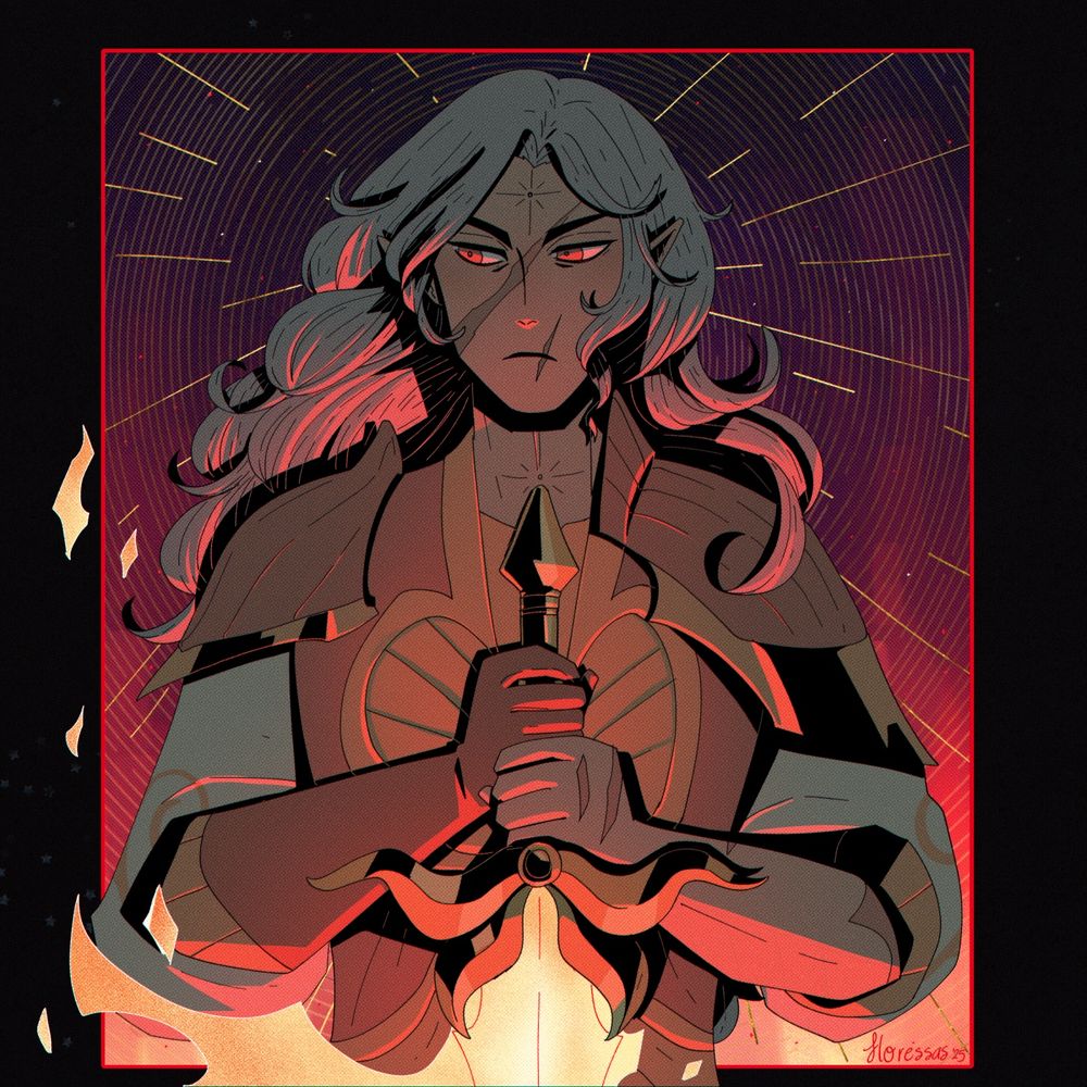 it's a halfbody illustration of a character. a silver haired elf, his eyes are looking to the side. he's holding a fire sword.
character belongs to tyrantdungeon @ toyhouse