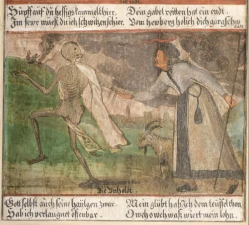 A picture of the Füssen dance of death representing a witch as an old woman with a pitchfork in her hand.