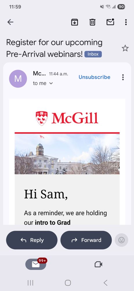 A screenshot of an email from McGill university titled "Register for our upcoming Pre-Arrival webinars", also demonstrating the horrible Gmail UI.