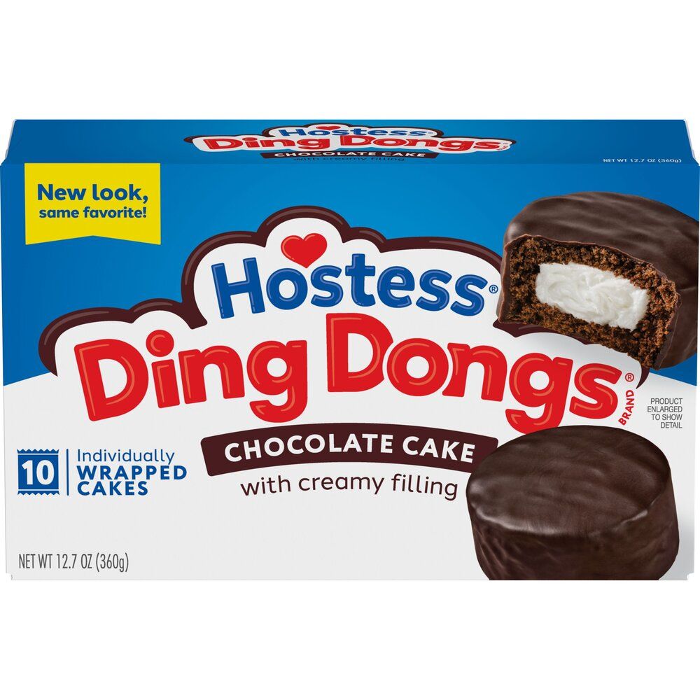 A Hostess Ding Dong's package. The chocolate cake with a creamy filling that nobody understood why it was named Ding Dongs.