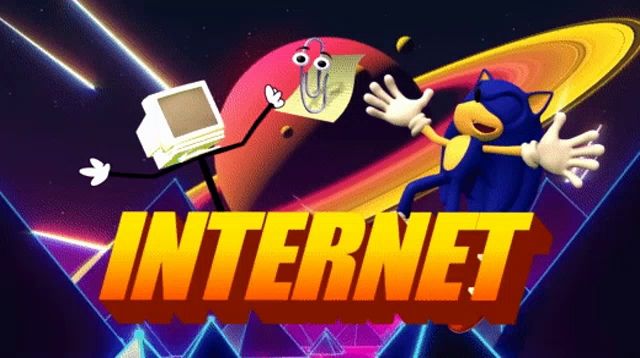 sonic the hedgehog and a computer with the word internet in the background