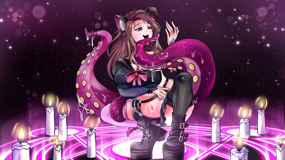 Puppygirl with tentacles surrounding her in the middle of a summoning circle 
