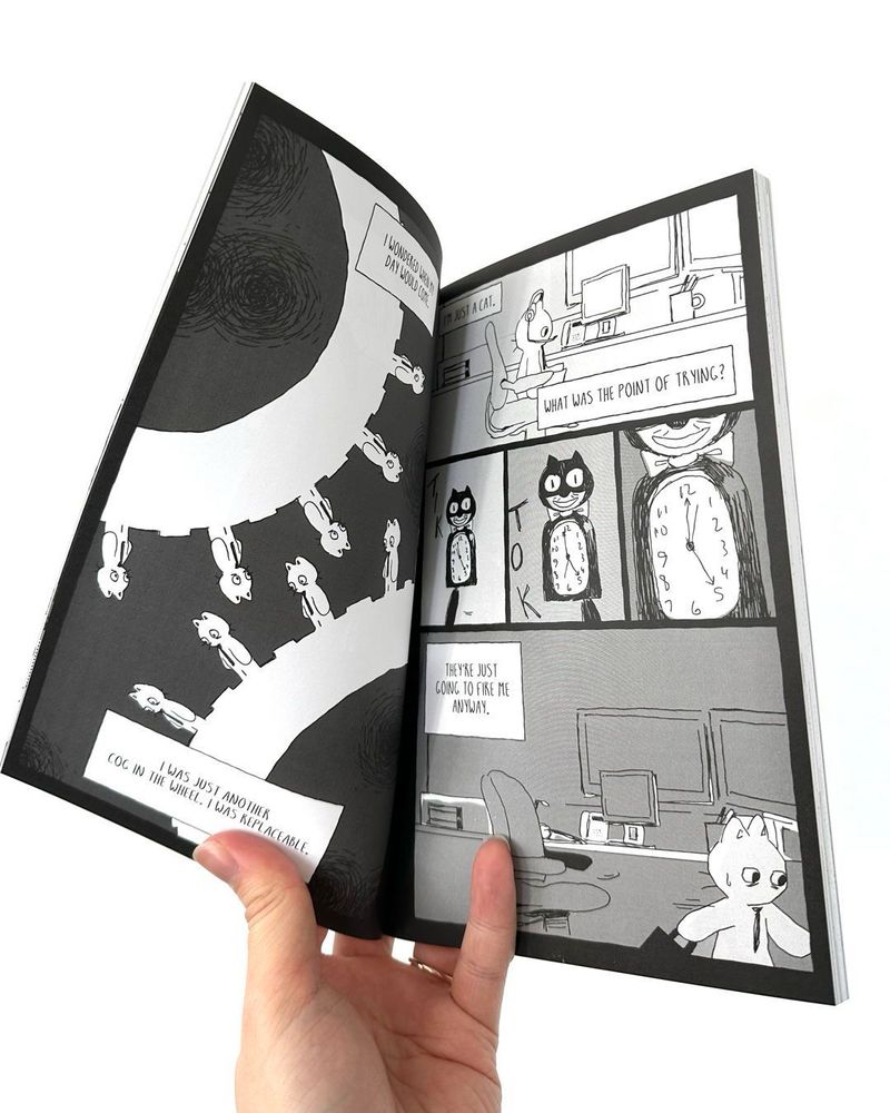 a two page spread. The left depicts salary cat as spokes in a cog, the right shows the cat sitting at his desk with a head set on, while a clock ticks in the background, about to strike 5pm. the last panel shows the cat leaving his desk, ready to go home.