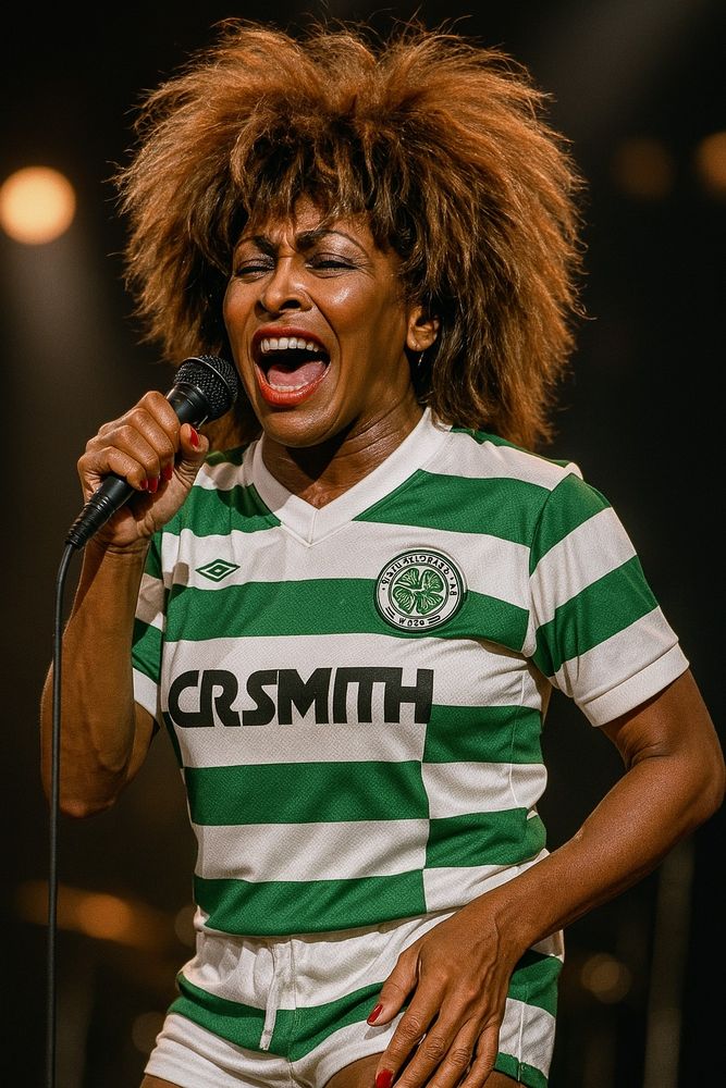 Tina Turner singing Simply The Best in her Celtic football top