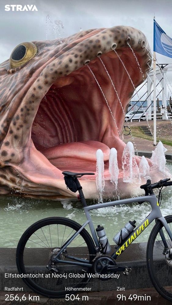 Bike in front of a giant fish fountain. Strava stats. 