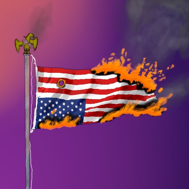 An upside down American flag burns in the wind. The eagle ornament atop the pole is smitten in 3 pieces. All is set against a purple backdrop that fades to orange in the top left