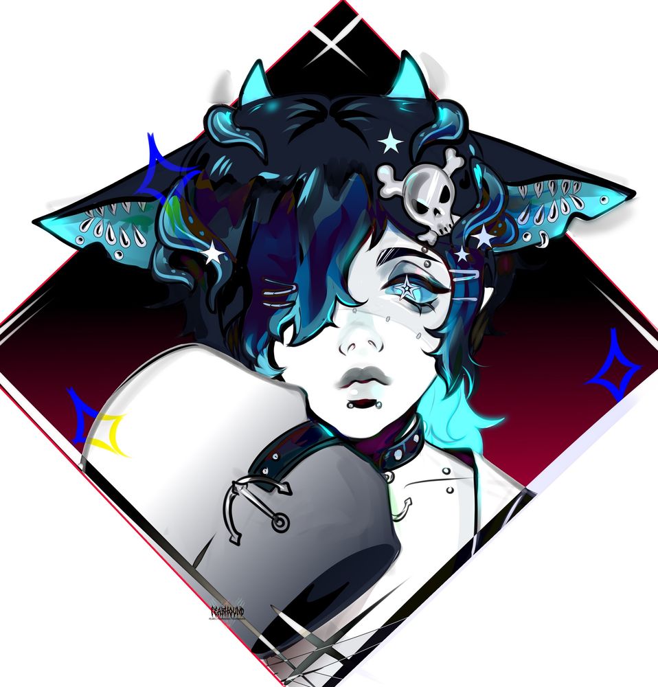 Cute ghosty character that belongs to Midnight. Has shark teeth-like piercings in their ears, stars and anchors and a sweet face! Character has their baggy sleeve up near their head. “Nya” style