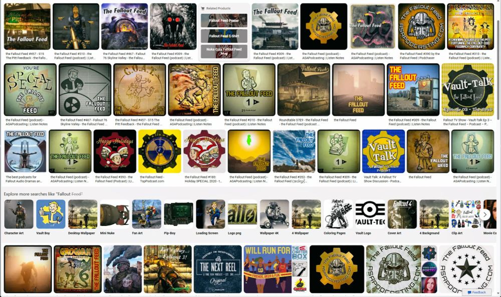 A bing image search result for the fallout feed showing just some of the covers we've made for episodes over the last 10 years. We started doing custom covers about 200 eps in. #Podcast #Anniversary