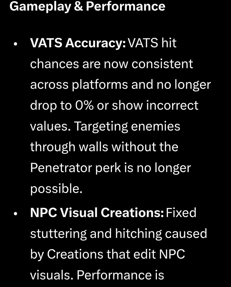 Text from an official article discussing VATS accuracy and NPC stuttering fixes, 