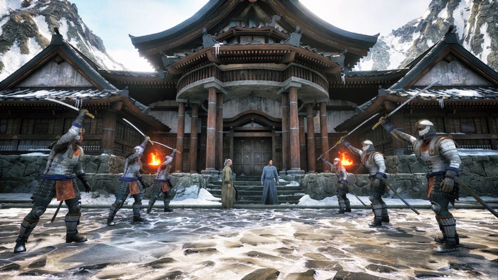 The blades raise their swords to Martin Septim outside Clour Ruler Temple in Oblivion Remastered.