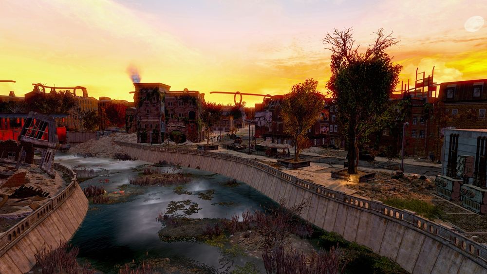 Overlooking a stream among fallen buildings in Fallout London. #Fallout