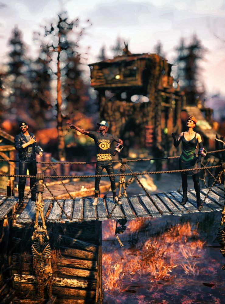 Jessica-Star standing on a rope bridge with two riends after completing Beast of Burden in Fallout 76 by Bethesda Games Studios #VirtualPhotography