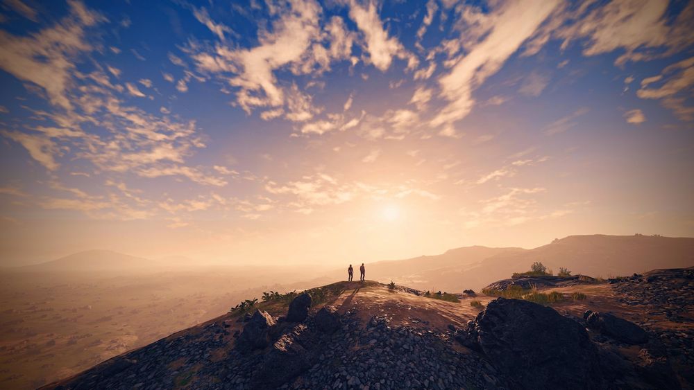 A duo stand on the edge of a dusty hill on a strange planet in #Starfield, the sky is blue and gold with the light of sunrise. High above them wispy clouds thread their way into the horizon. #VirtualPhotography #Sunrise #VPSupport #VPRepost