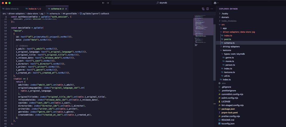 Screenshot of Visual Studio Code showing the drizzle schema declarations in the skymdb codebase.