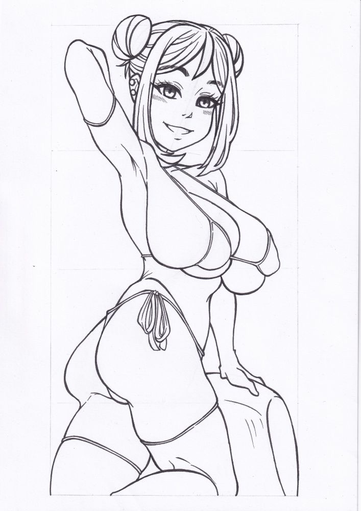 A female character, wearing a string bikini, leaning on a chair with her left arm while raising her right arm, her torso is twisted in a way that she can show both her breast, her right arm pit, and her bum at the same time to the viewers.