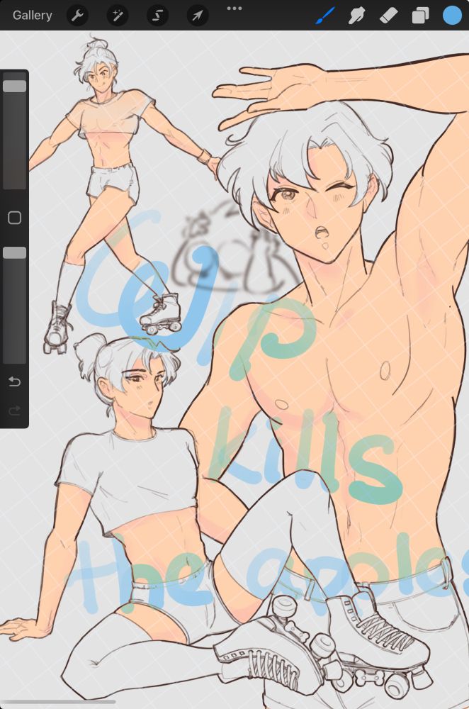 wip sketches. Jiang Cheng roller skating fun times! Jiang Cheng sitting and leaning back on his hands, showing off his tummy and leggies—i mean showing off his roller skates. Jiang Cheng squinting up and covering his head with a hand. he’s dressed in a crop top and tiny denim shorts. the 70s men style needs to be brought back.