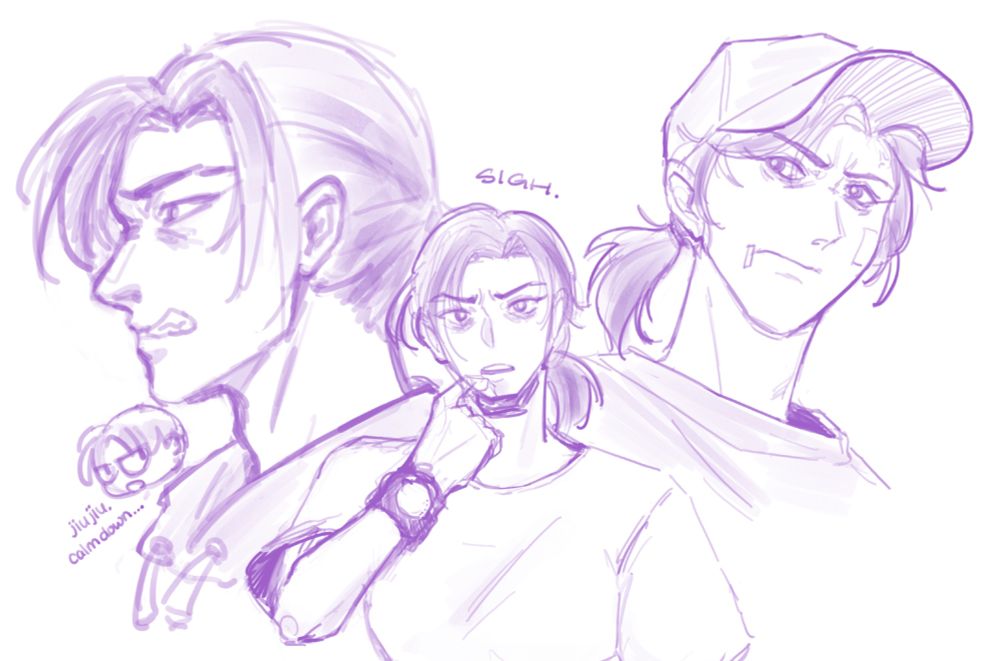 multiple sketches of tired looking Jiang Cheng, mostly dressed in a t-shirt or hoodie, he sports his trademark side part bangs and a small ponytail, and also has dark circles and eyebags.

1) Jiang Cheng profile view, glaring and snarling at someone off screen. a mini Jin Ling is side eyeing him, saying “jiujiu calm down…”
2) frontal view Jiang Cheng tugging down his mask and sighing, looking tired
3) Jiang Cheng with a baseball cap, he’s got a small bandaid in the corner of his lips, and on his cheek