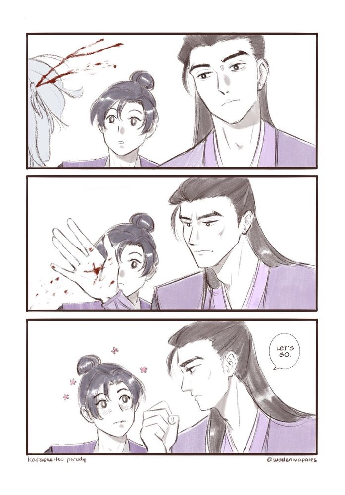 redraw of “Let’s Go Karaoke!” panels

panel 1: 
Jiang Cheng and Wen Zhuliu watching a mob anonynous character falling backwards, blood spurting from their temple. Wen Zhuliu notes the blood spatter trajectory will splash on Jiang Cheng. 

panel 2:
Wen Zhuliu raises his hand and blocks the blood spatter, catching it in hand

panel 3:
Wen Zhuliu turns to Jiang Cheng, who is blushing and staring shyly back at him
WZL: Let’s go.
