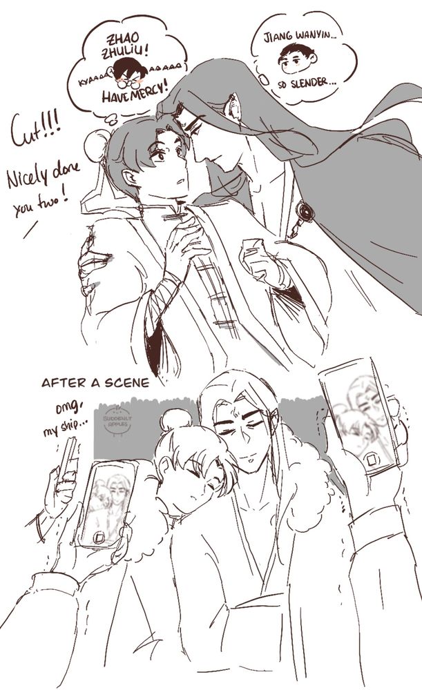 two sketches.

first sketch:
WZL (as MBJ) catching JC (as SQH) in his arms. WZL is staring at JC intensely, meanwhile JC looks startled to be in his embrace.

director, off-screen: CUT!!! nicely done, you two!
JC, thinking and blushing: KYAAAAA ZHAO ZHULIU HAVE MERCY!!!!
WZL, thinking: Jiang Wanyin… so slender…

second sketch:
the two actors still in their outfits and tuckered out, sleeping on each other. JC is asleep on WZL’s shoulder, who is leaning back against him and smiling a little, both wrapped up in the MBJ’s fluffy robes. 
three trembling hands holding phones are taking pictures of the adorable scene, in disbelief at the sight.
npc: OMG, my ship…