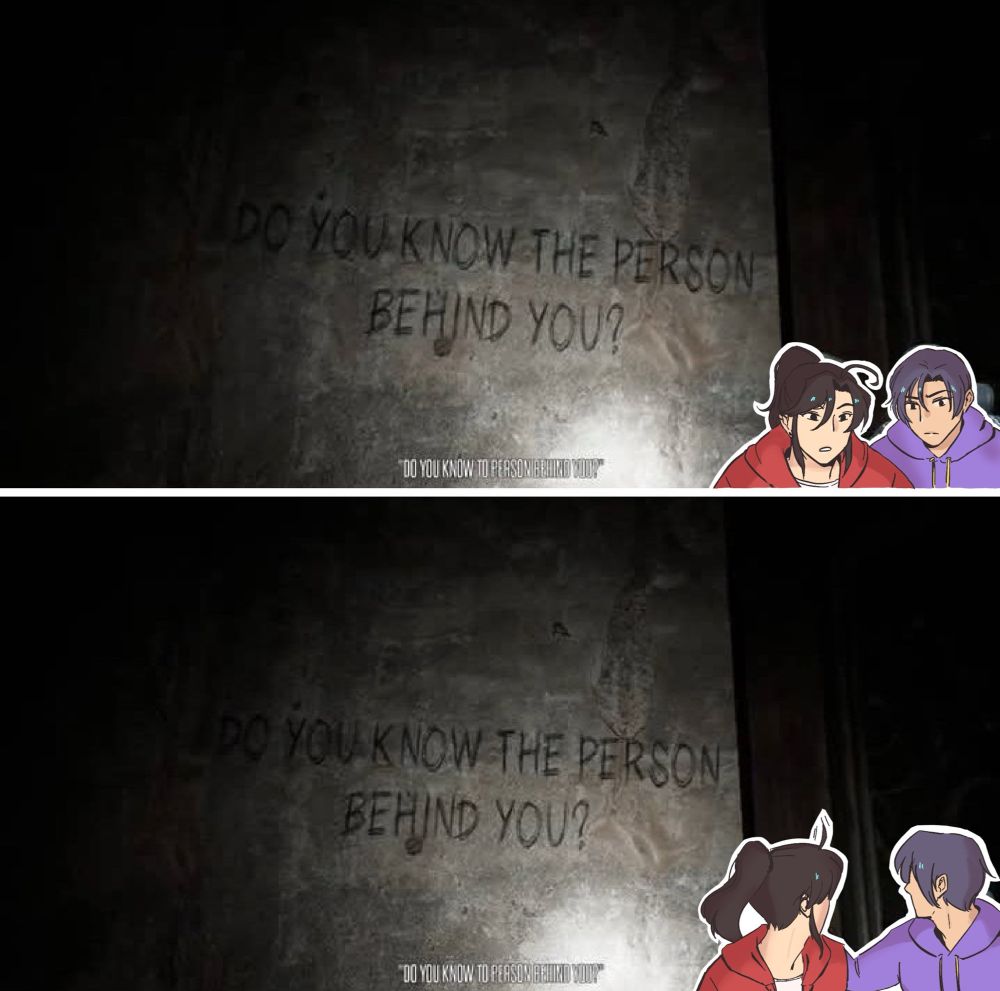 two panel meme redraw of two livestreamers (Jiang Cheng and Wei Wuxian) playing a game.

first panel has them squinting reading a sign on the screen they’re playing on that says “do you know the person behind you?”

second panel shows both turning around in their seats to look behind them instead of turning their in-game character.