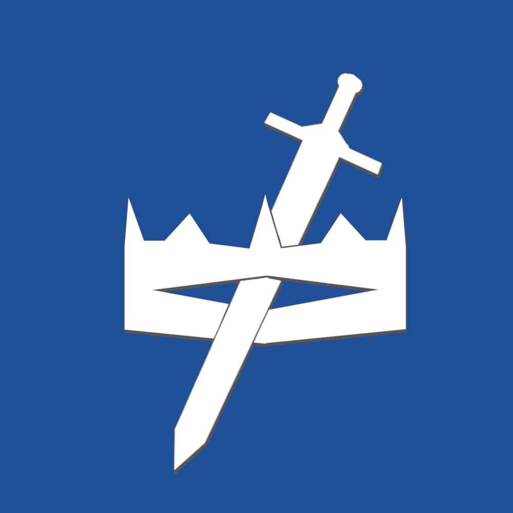 A white emblem on a field of blue, depicting a sword stabbed through a crown.