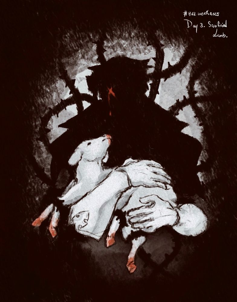 A drawing of Barok van Zieks holding a lamb in his arms, surrounded by thorns. His silhouette is hidden in the dark, only his arms are visible.