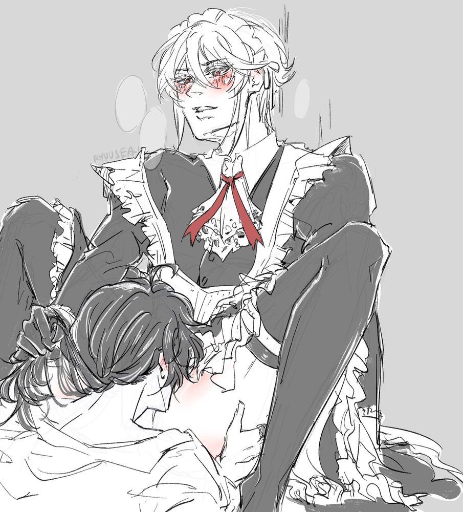 Liam in maid dress with skirt lifted up, Sherly’s head between his legs 