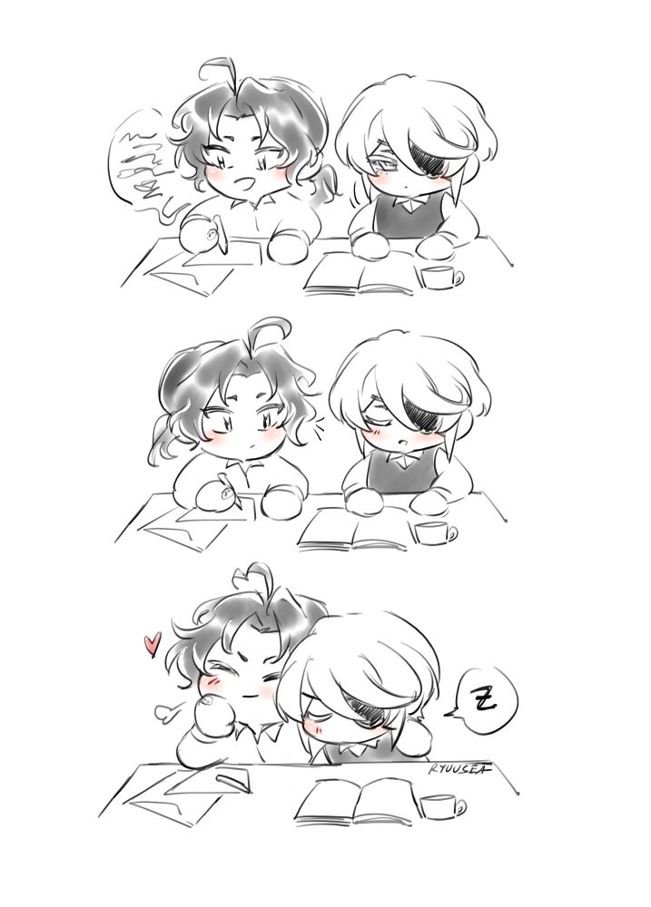 Sherly and Liam chibis sitting next to each other at a table, Sherly talking while writing a letter, Liam with a book. Liam starts nodding off and Sherly notices, so pulls him in to sleep against his shoulder.