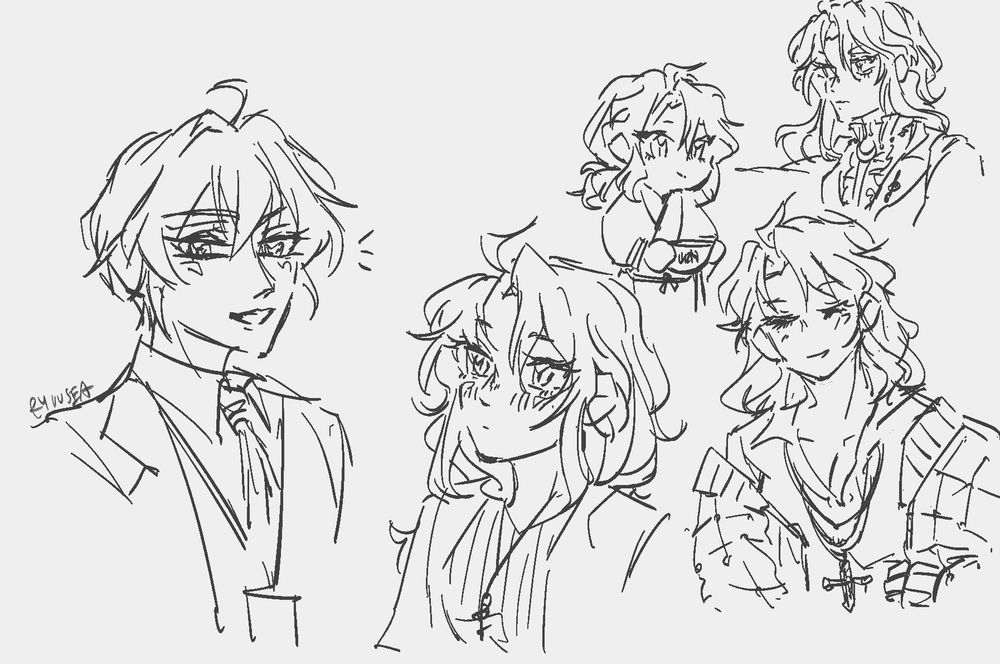 Gender swap Tsumugi and Gaku. Boy Tsumugi in a suit. Girl Gaku in various outfits, including soba delivery outfit, Crescent Rise, Beautiful Prayer. 
