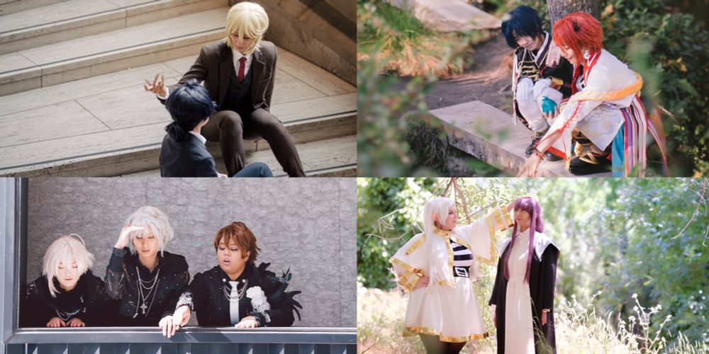 Cosplay photoshoots collage
Top left: Yuumori Liam & Sherly talking sitting on stairs. 📸 igfxbalance
Bottom left: TRIGGER Beautiful Prayer Tenn, Gaku, Ryuu looking down from a ledge/window 📸 niten-ichiryu
Top Right: Karatoga Iori and Riku squatting on stone bridge over water, looking down at water and surrounded by green foliage 📸 niten-ichiryu
Bottom right: Frieren patting Frieren’s head, standing among trees and grass 📸 milktea.io