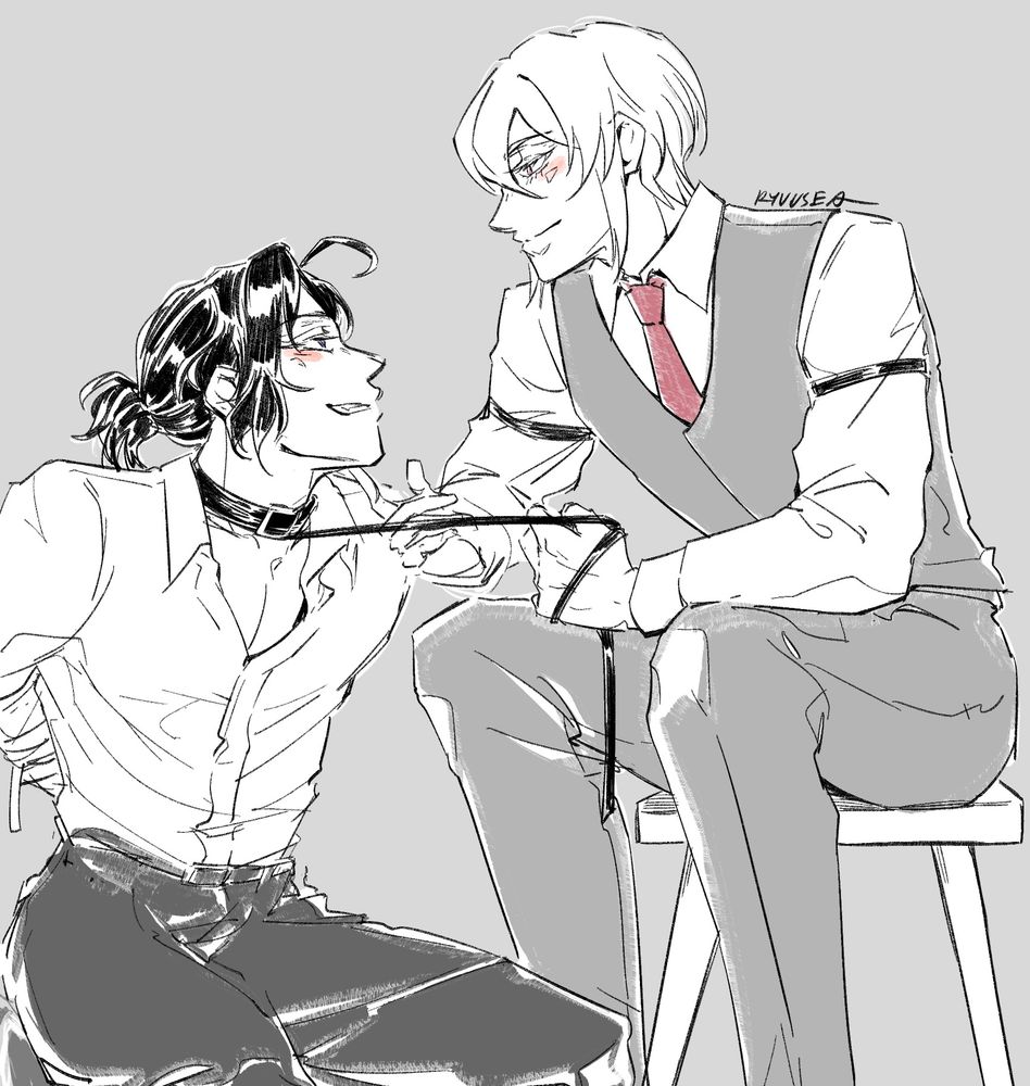 Sherly/Liam Yuumori fanart; Sherly looking up grinning and kneeling before Liam who sits on a stool in front of him, pulling a leash attached to a collar at Sherly’s neck. Liam tips his chin up with the other hand. Sherly’s arms are tied behind his back. Yes probably because that was easier to draw but also, living by the motto: Sherlock him up tie him up. Bro I almost forgot the sleeve garters and added that in real quick very important sleeve garters increase the yabai exponentially. 