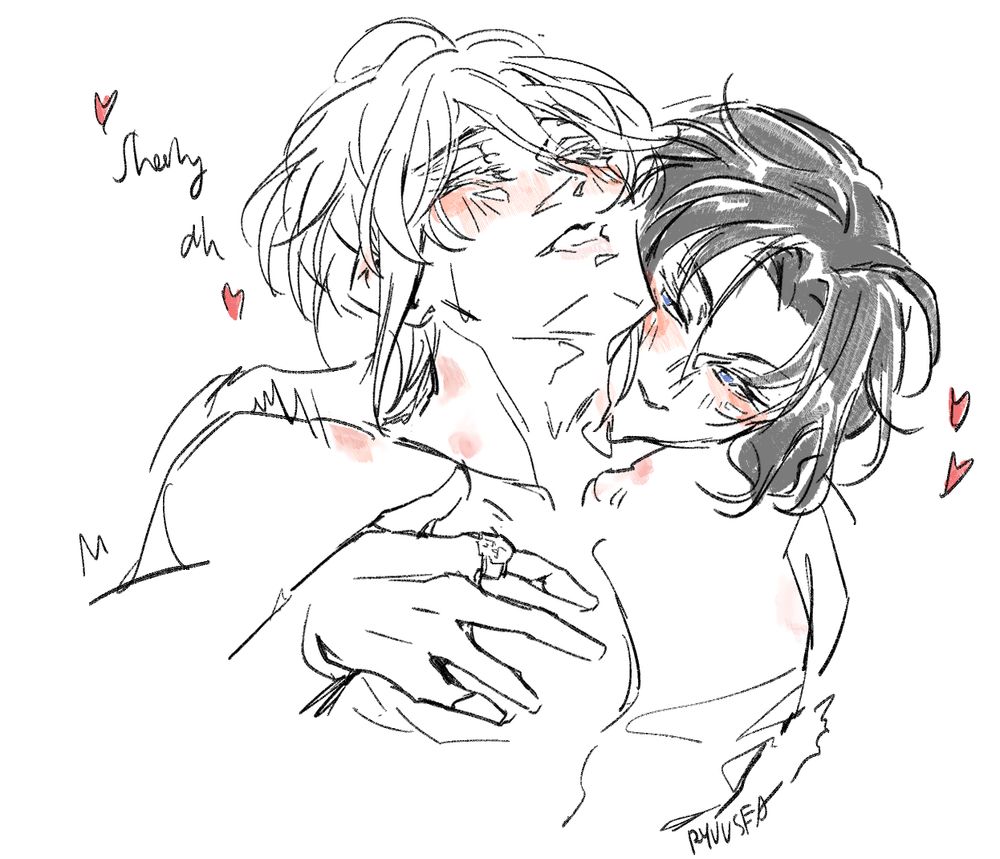 Yuumori fanart; Sherly kissing the back of Liam’s neck. There’s lots of red kiss marks on Liam’s neck and collarbones and shoulder. Sherly did a full body inspection the mosquito didn’t bite other places and after there were confirming there were none proceeded to enjoy his meal. Billy left a long while ago don’t worry. 