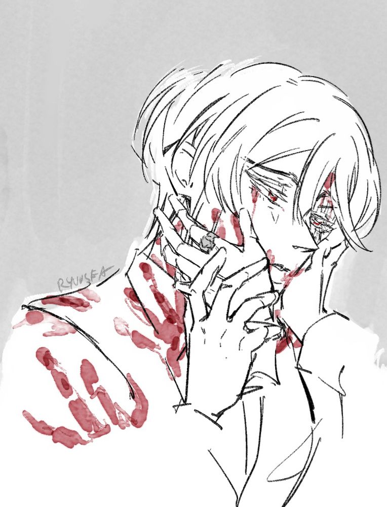 Yuumori Liam James Moriarty sketch, eyes open looking up, red handprints on his face and clothes, implied Sherlock hands holding his face