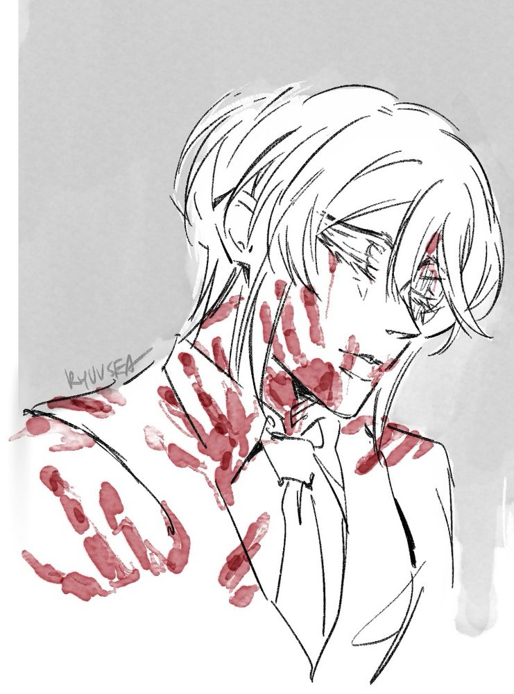Yuumori Liam James Moriarty sketch, eyes closed, red handprints on his face and clothes  