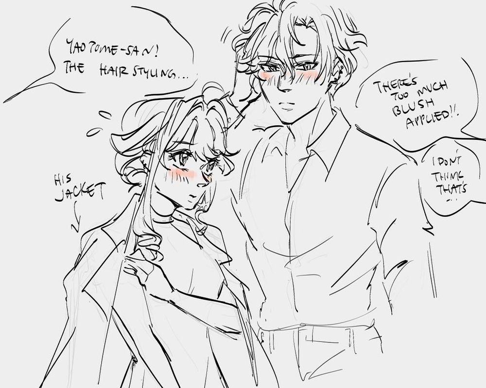Kose Tsumugi in dress with Gaku’s jacket on, them blushing and her looking at him and him looking away and rubbing his hair sheepishly 

Background staff dialogue:
“Yaotome-san! The hair styling…”
“There’s too much blush applied!!”
“I don’t think that’s…”