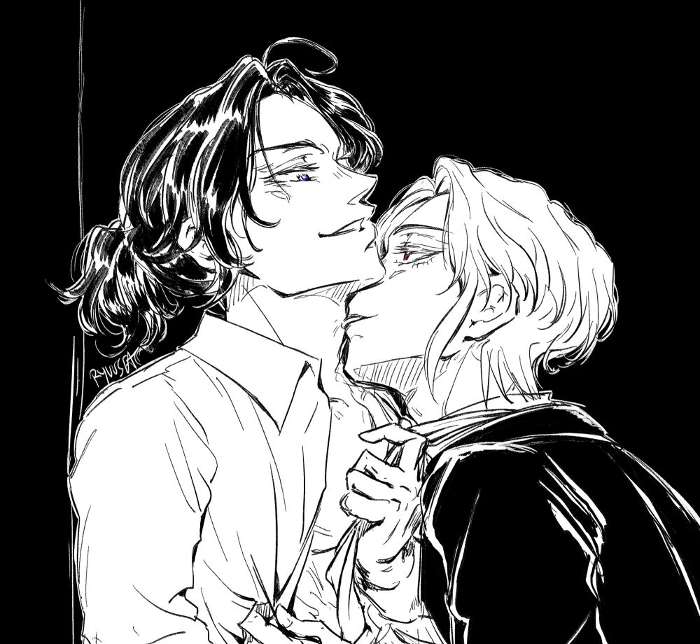 Sherly pulling at Liam’s necktie, while Liam leaning in and licking his neck and unbuttoning Sherly’s shirt 