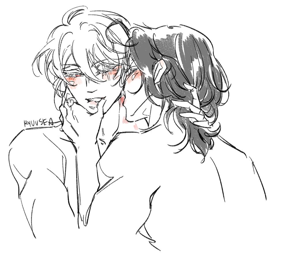 Yuumori fanart; Sherly kiss biting Liam’s neck, a cupping Liam’s chin and thumb pressing into his mouth, Liam holds the back of Sherly’s neck. Some kiss bite marks are on Sherly’s neck. Yeah Sherly said only I get to bite Liam, no mosquitoes or any bugs allowed. Eatadakimasu. 