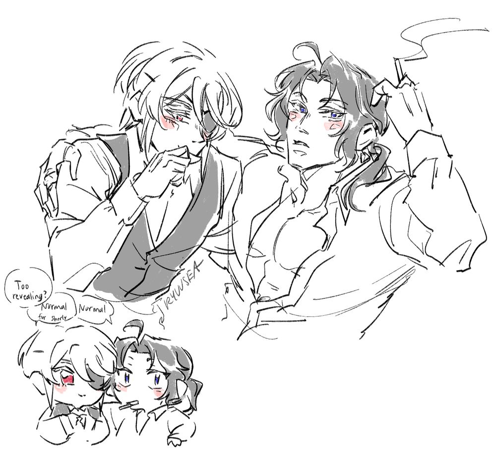 Yuumori fanart; Sherly and Liam with arms around each other, Liam looking down at Sherly’s open shirt, Sherly with other hand raised with cigarette. 
Chibi side doodle: 
“Too revealing?” 
Liam: Normal (for Sherly)
Sherly: Normal 