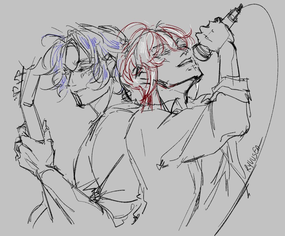 Yuumori fanart; Modern AU; Sherly and Liam back to back, Sherly playing guitar, Liam head tilted back into his, singing into mic raises above his head 