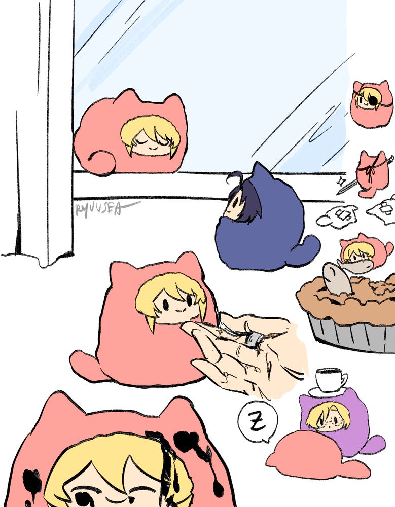 Various kurumi tapi nui (the cat eared plushies) Yuumori doodles. 

Tapi nui Liam sleeping on windowsill and Sherly looking at him.
Human Sherly’s hand scratching under tapi nui Liam’s chin
Closeup of tapi nui Liam with bloody face
Asleep tapi nui Liam with Louis by him holding teacup on his head.
Tapi nui Liam eating fish taken out from stargazey pie.
Tapi nui Liam back view, holding sword, knocked out enemy tapi nuis behind him.
Pirate tapi nui Liam. 