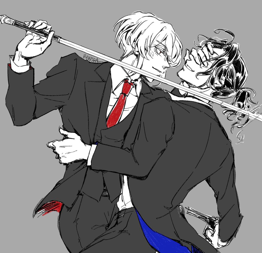 Yuumori Liam with sword drawn, at Sherly’s neck, his other hand covering Sherly’s eyes. Sherly’s got his left hand at Liam’s waist, the gun in his other hand. Black and white / gray sketch with red highlights on Liam’s eyes, necktie, undercoat; Sherly with blue highlights undercoat. 