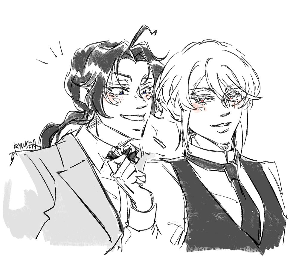 Yuumori fanart; Liam reaching behind him and pulling at Sherly’s bowtie, Sherly reacting excitedly, ahoge in heart shape, cigarette falling out of mouth. There’s much better ways to keep his mouth occupied anyway, according to Liam. 