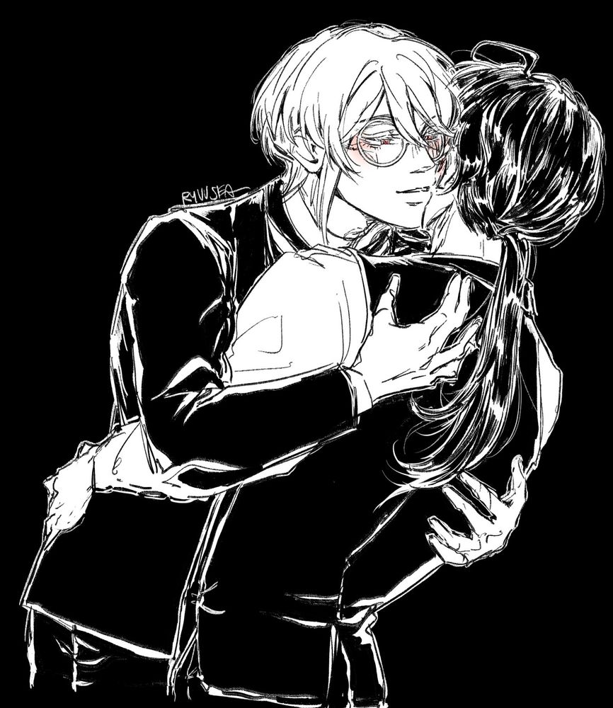 Yuumori part 2 sketch: Liam with glasses, arms wrapped around Sherly, leaning in close to his ear, Sherly facing away from viewer, also with an arm around Liam’s waist. 
