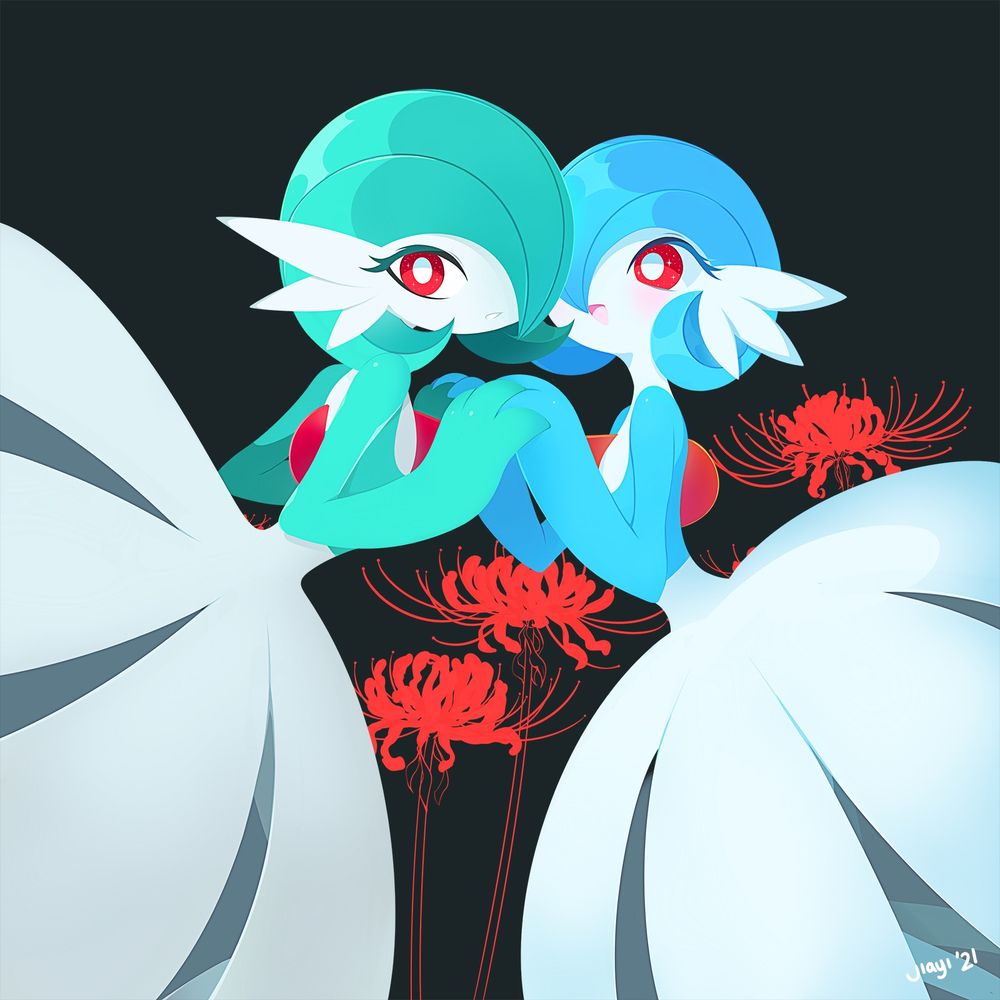Two gardevoirs clasping hands. The gardevoir on the right is shiny and she is blushing and smiling. There are red spider lillies in the background. This too is yuri