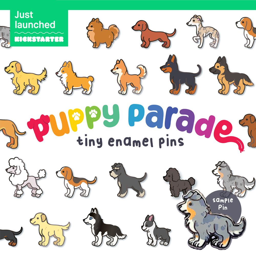 An image depicting a Kickstarter for a variety of dog breed enamel pins.
