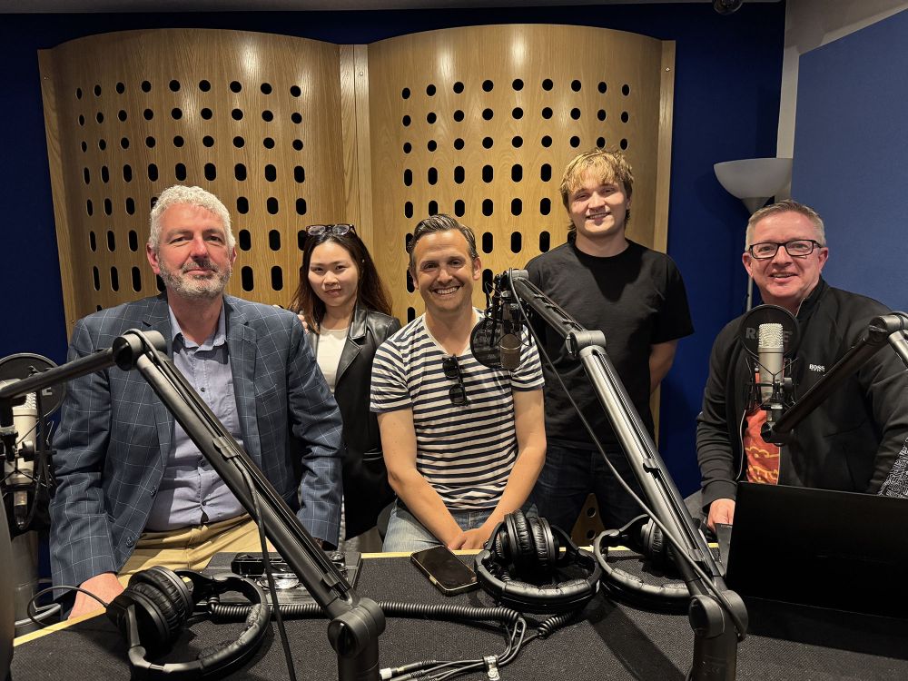 Dr Ollile Jones, Tu Ngoc Vu (student), Adam Bennett (Sticks and Glass), Lowell Sheasby (student) and Martin Coates (Exemplas) in the LBU podcast recording studio